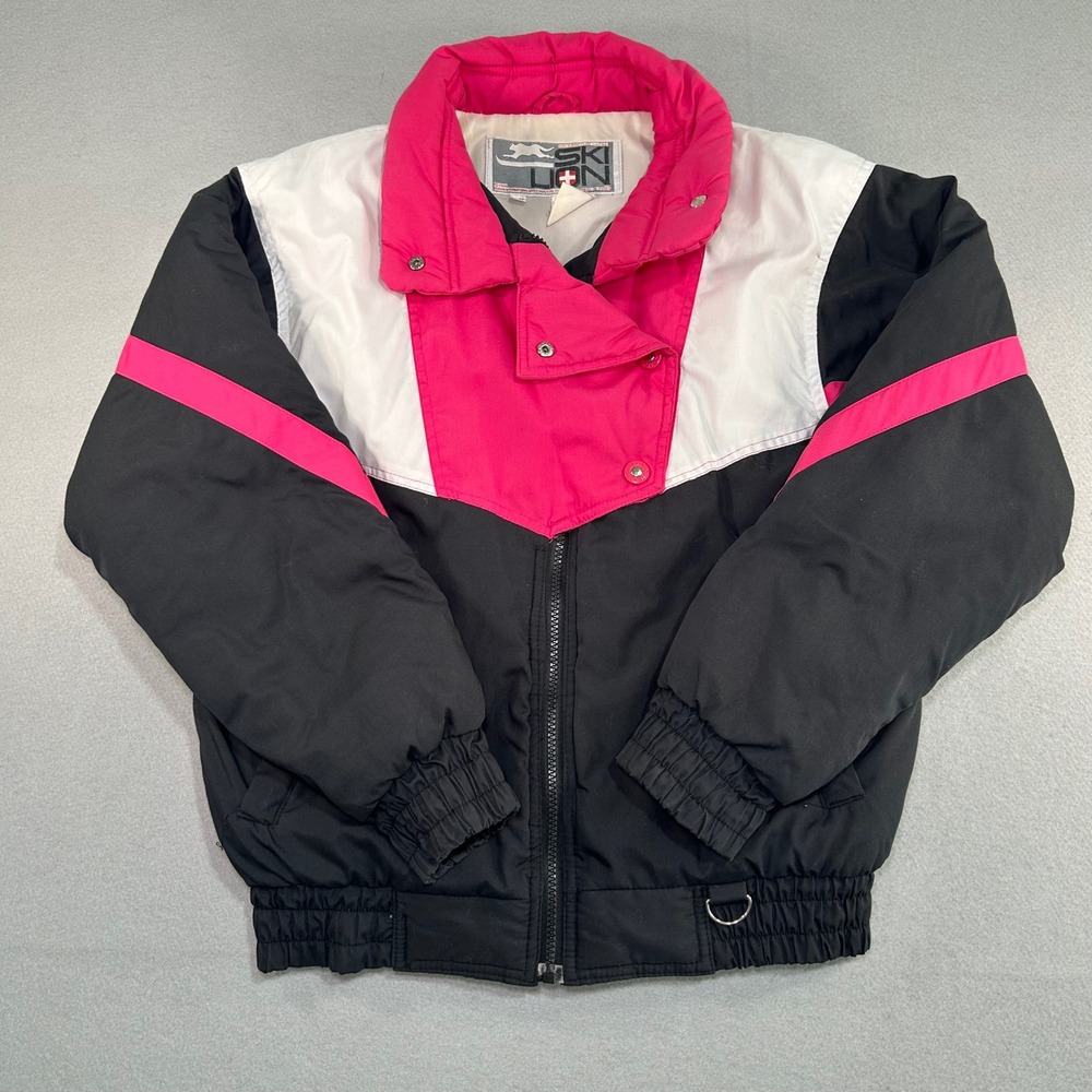 Ski Lion Puffer Jacket Womens Medium Pink Black Colorblock Vintage 80s Insulated